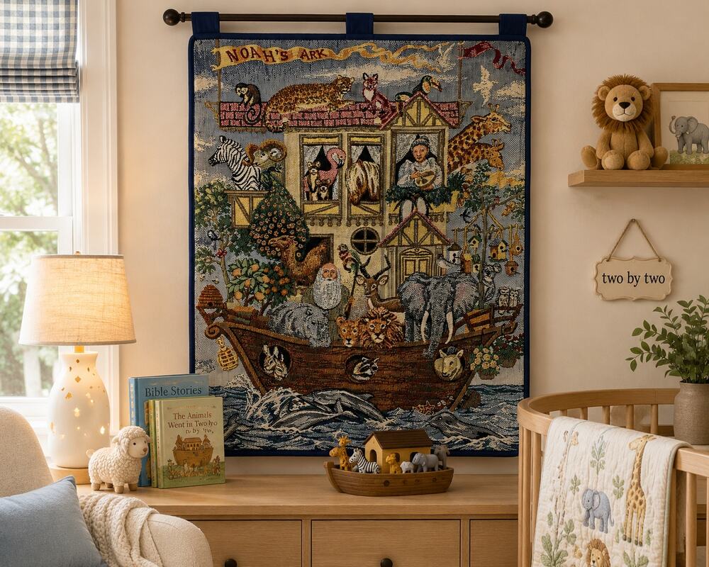 Vintage Noah's Ark Woven Tapestry Wall Hanging Nursery Blanket Throw 30x24